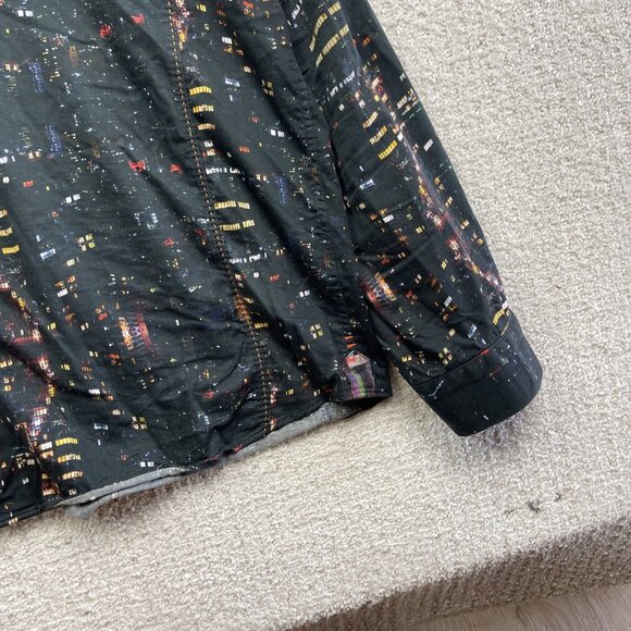 Au Noir Button Up shirt Men Sz 7 Black Colorful City Night Lights Landscape AOP - Picture 5 of 16